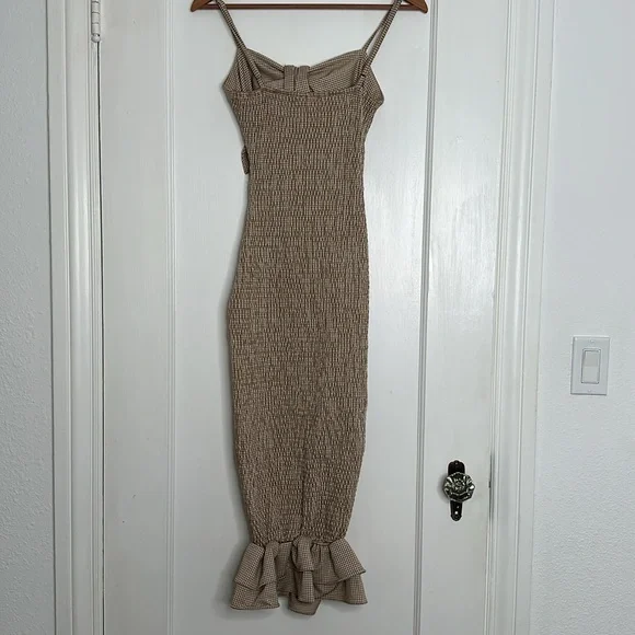 Pinkblush Mocha Gingham Print Smocked Fitted Self-Tie Maternity Midi Dress Small - Picture 13 of 13